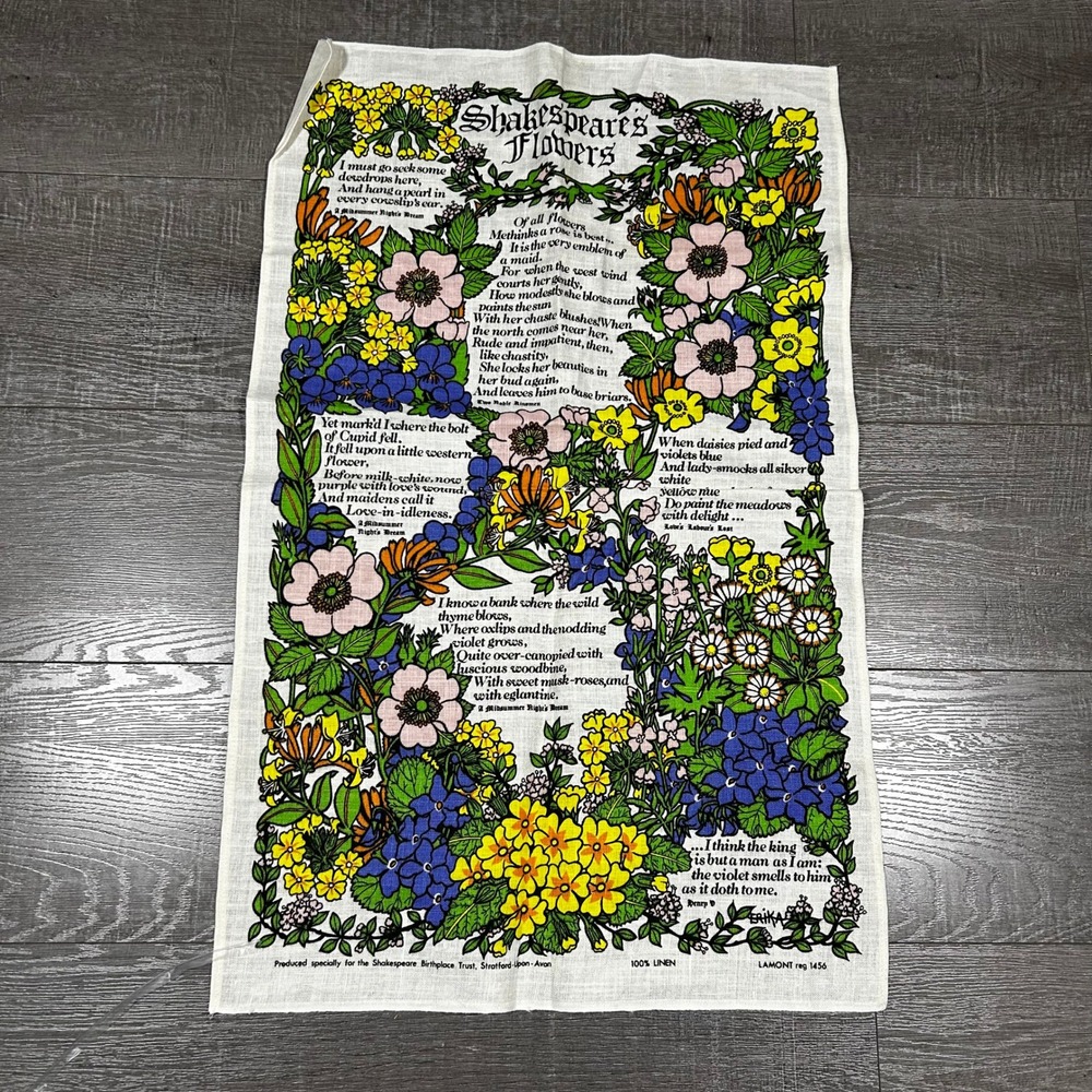Vintage Lamont Shakespeares Flowers Linen Tea Towel Stratford-upon-Avon‎ Erika